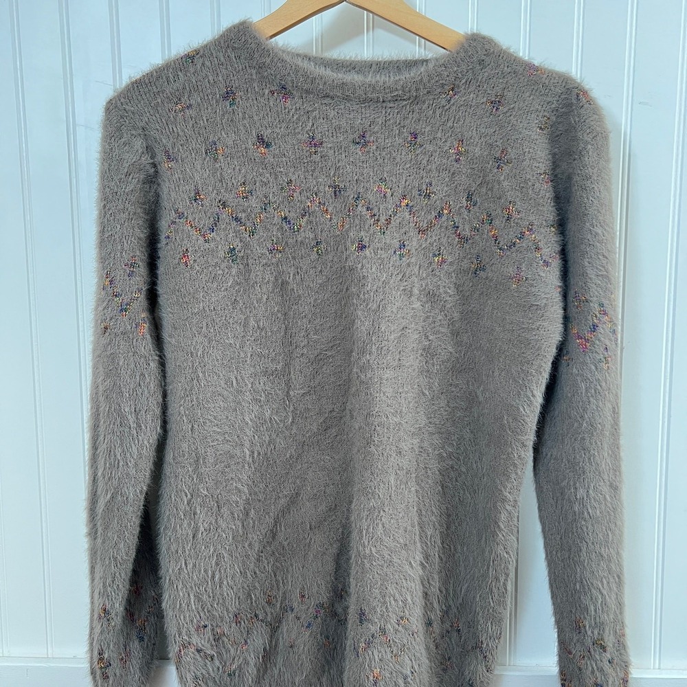Vtg Sweater Fisherman Granola Rainbow Stitch Furry Women Gray Cozy Pullover Knit